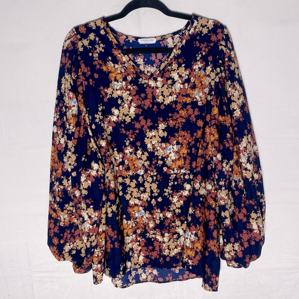 Chicsoul.com Navy Blue Orange Cream Floral Bubble Sleeve V Neck Blouse 3XL